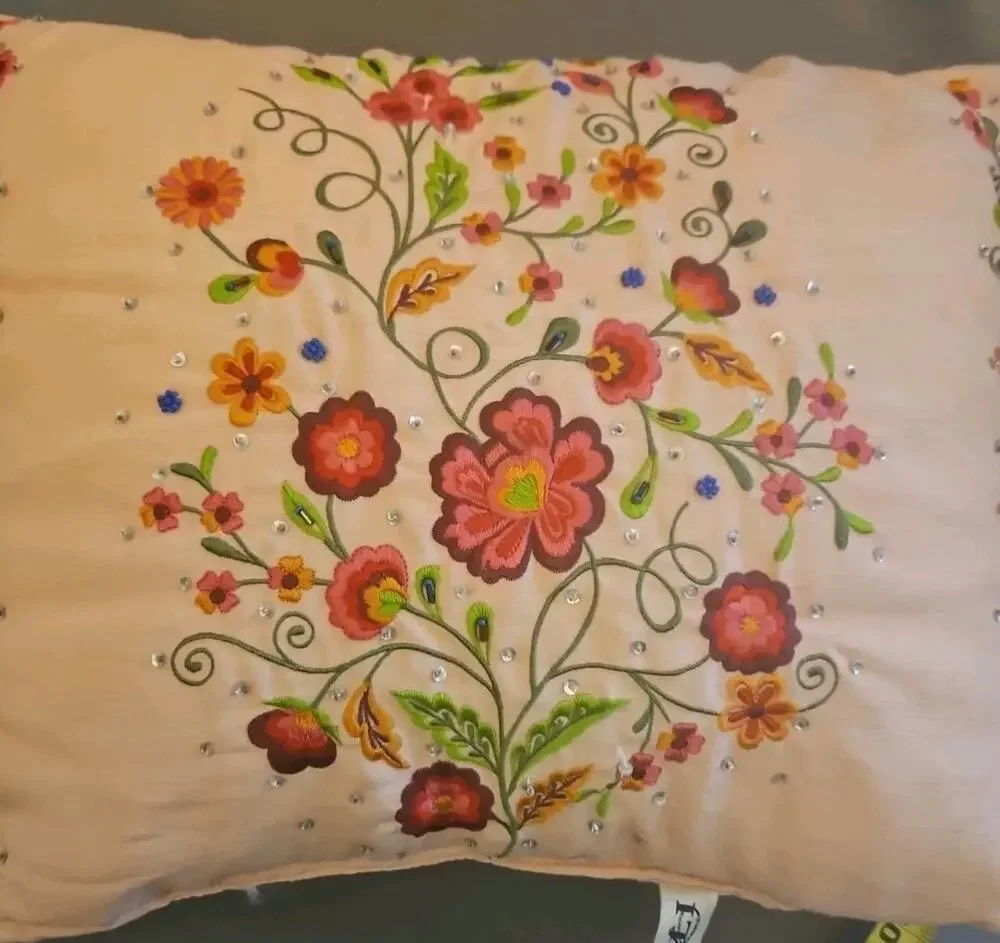 I T R Pillow 14X17 Embroidered and Embellished Flowers Pink Background